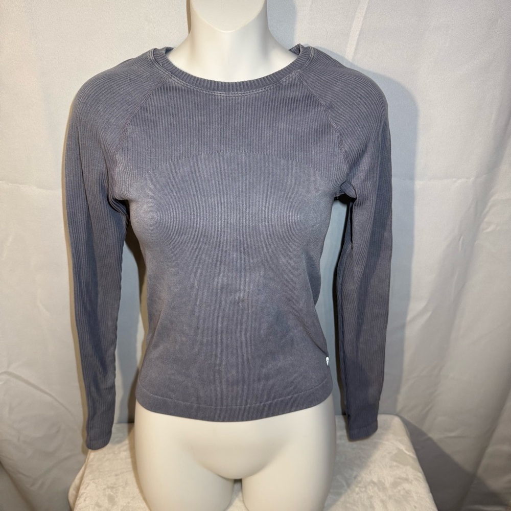 Harmony & Balance Ribbed Long Sleeve Top Gray Fitted Stretch S/P‎